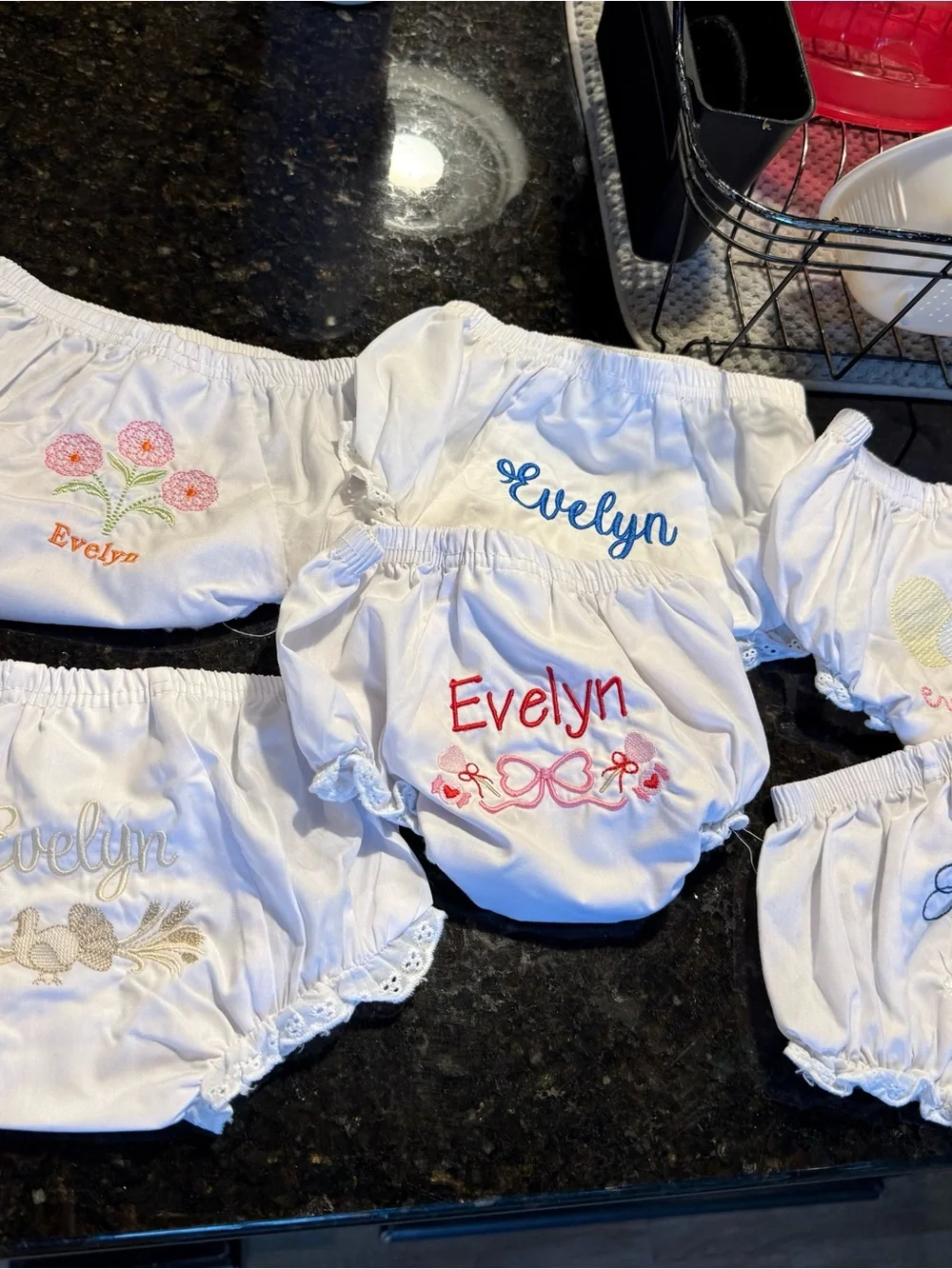 Personalized White Baby Bloomers with Evelyn and various designs